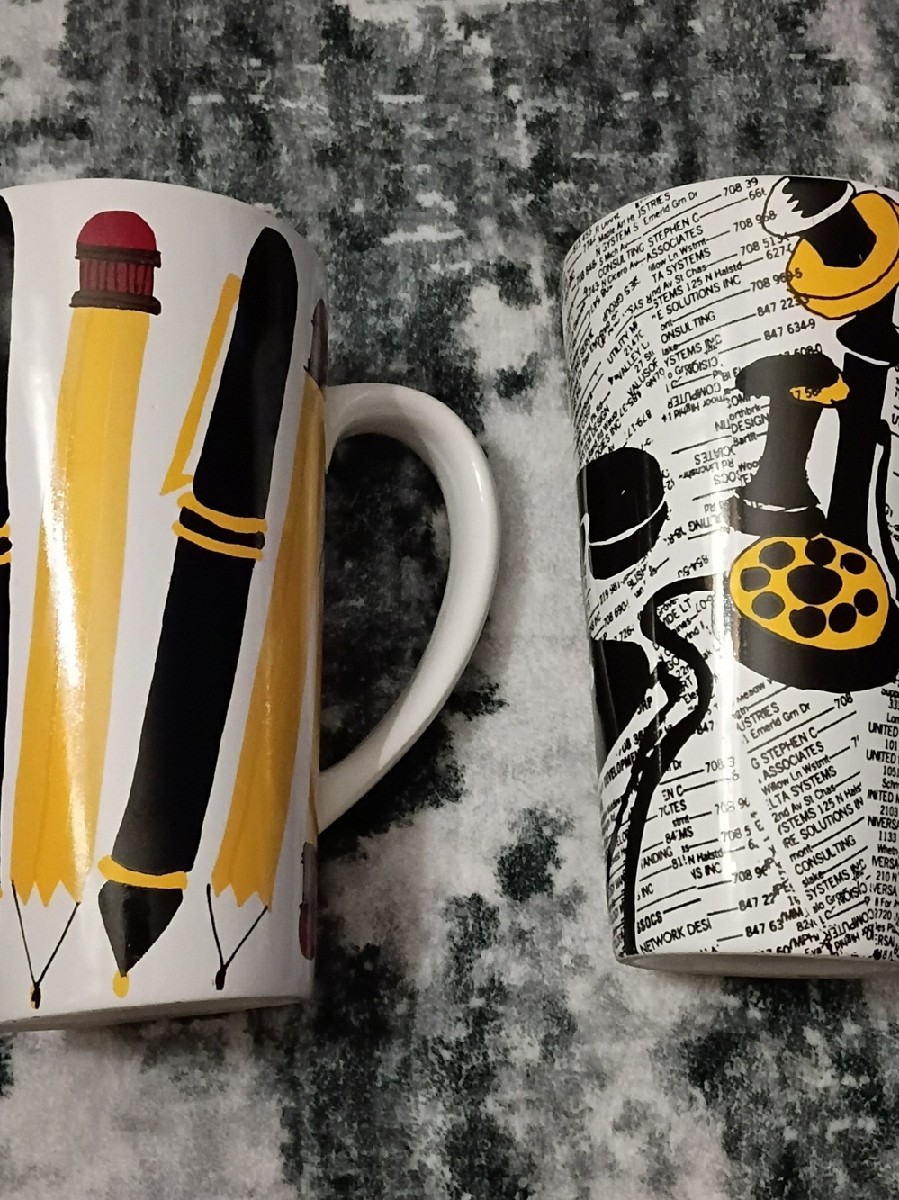 Vintage Retro Office Latte Mug Set – Yellow Pencil & Rotary Telephone Graphic